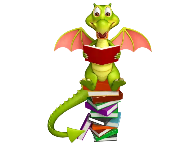 Dragon sur livres illustrant l'histoire du parc d'attractions Fantassia