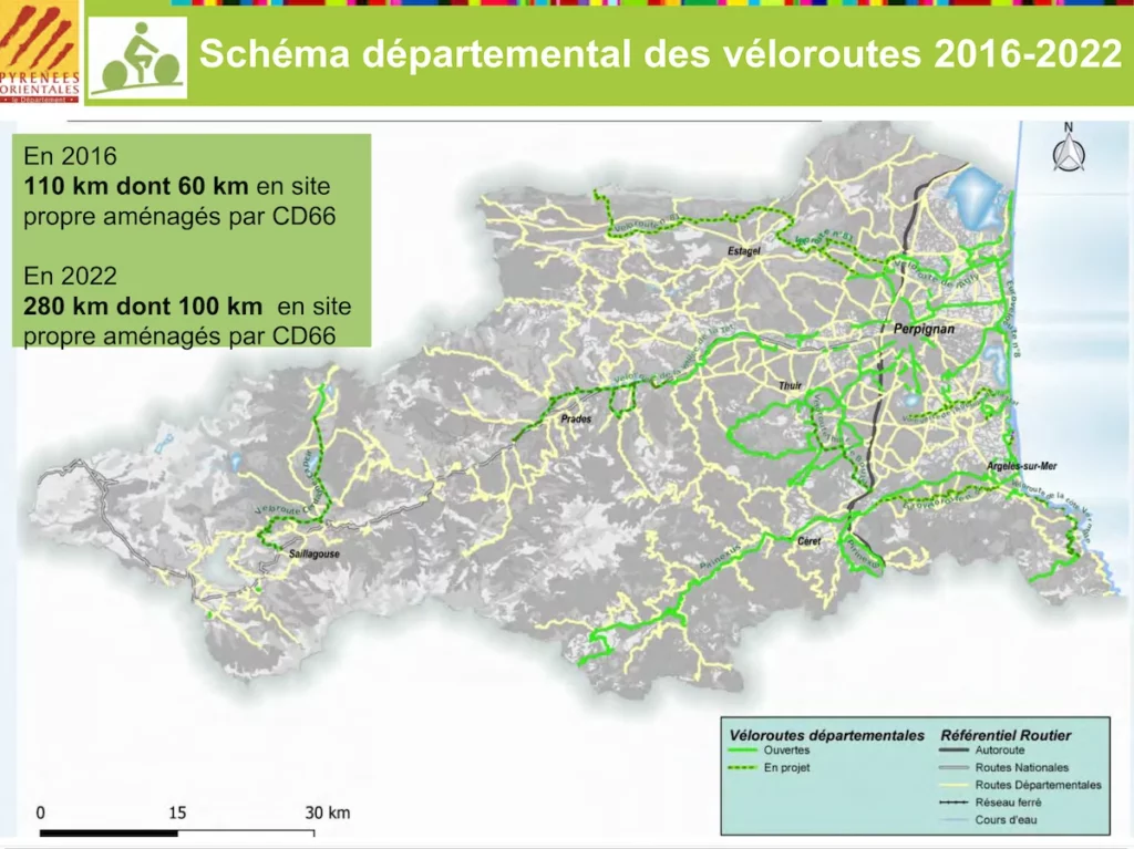 Departmental plan of cycle paths in the Pyrénées-Orientales, access by bike to the Fantassia amusement park