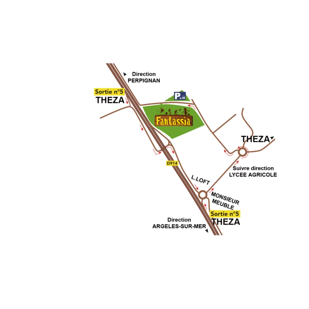 Plan d'accès au parc d'attractions Fantassia via Perpignan et Argelès-sur-Mer