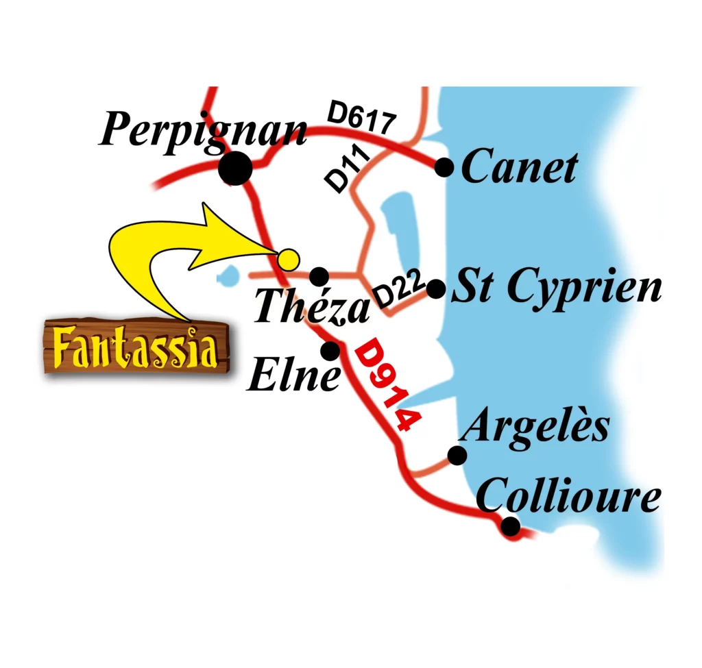 Detailed map of access to the Fantassia amusement park located in Théza