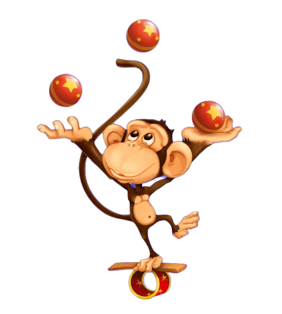 Dessin singe jongleur à l'attraction des automates du Magic Circus au parc Fantassia