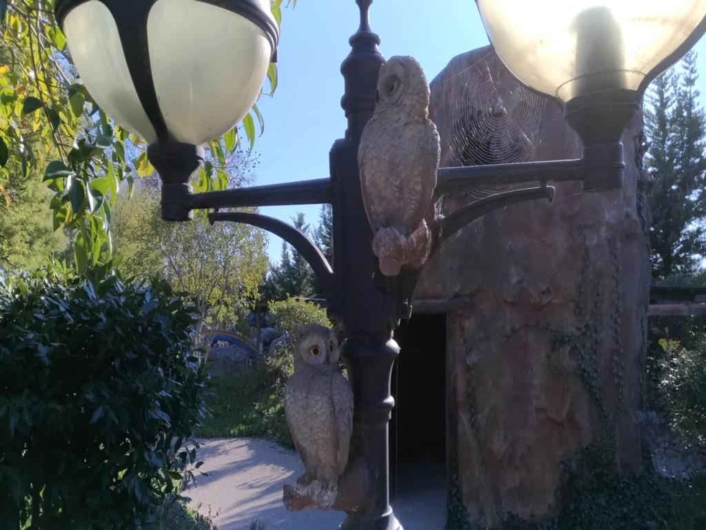 Decoration with owls at the Enchanted Forest attraction, Fantassia park
