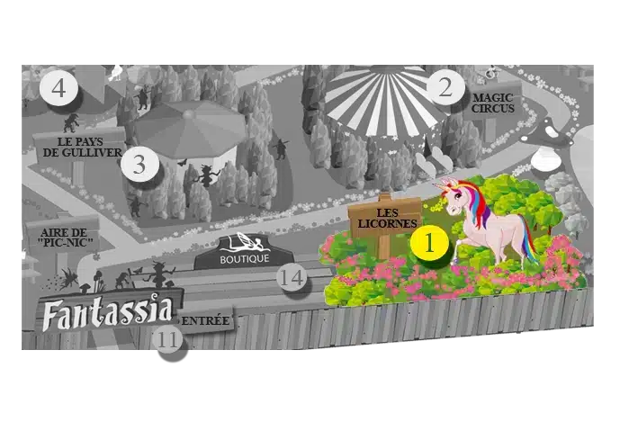 Plan de situation de l'attraction des licornes au parc Fantassia