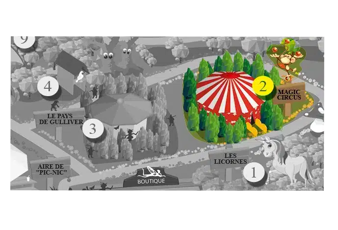 Plan de situation de l'attraction le Magic Circus, parc d'attraction Fantassia
