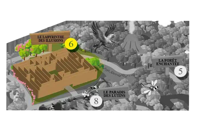 Location map of the maze of illusions at Fantassia attraction park