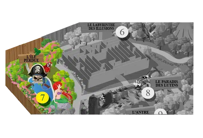 Plan de situation de l'attraction l'île perdue, parc de loisirs Fantassia