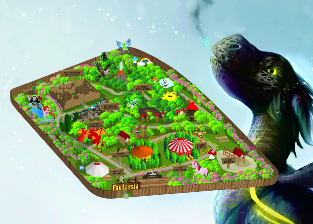 Plan des attractions du parc Fantassia avec licornes, dragons, cirque, etc.