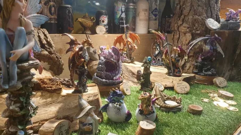Dragons and fairies figurines at Fantassia amusement park souvenirs shop