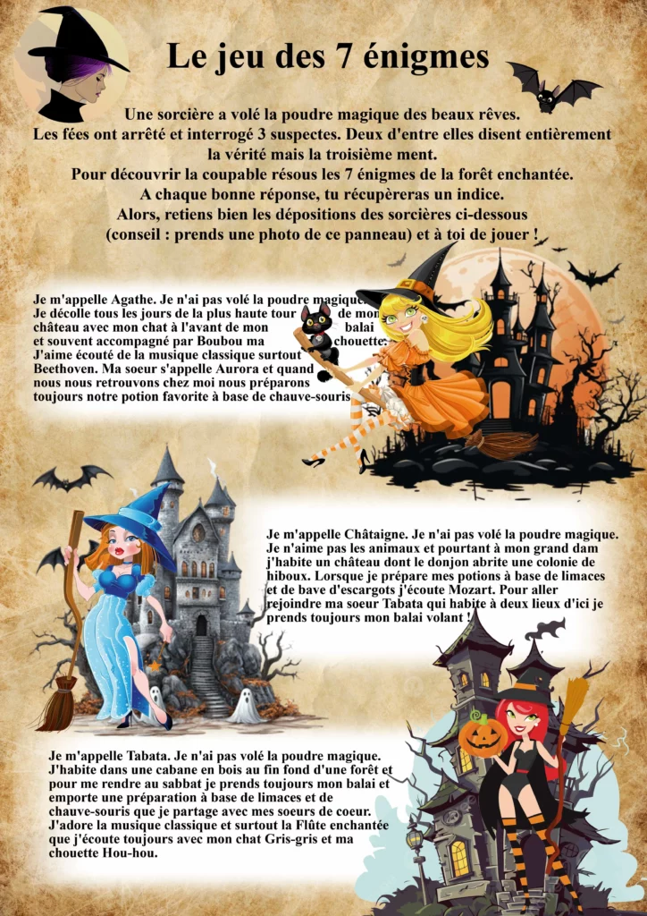 Consigne du jeu des 7 énigmes à l'attraction la Forêt Enchantée au parc Fantassia